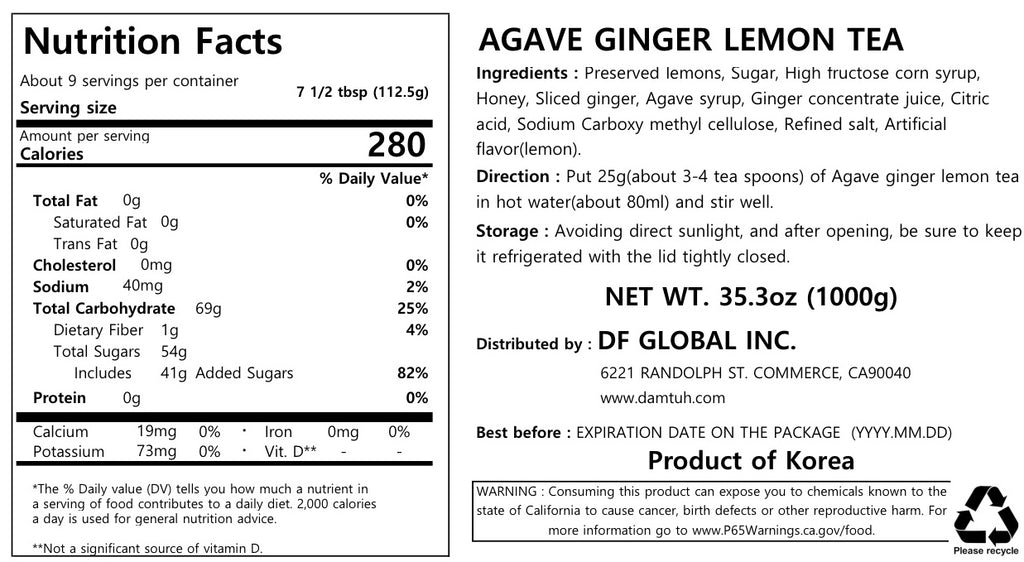 Agave Ginger Lemon Tea Marmalade,  2.2lbs (1kg) - Damtuh