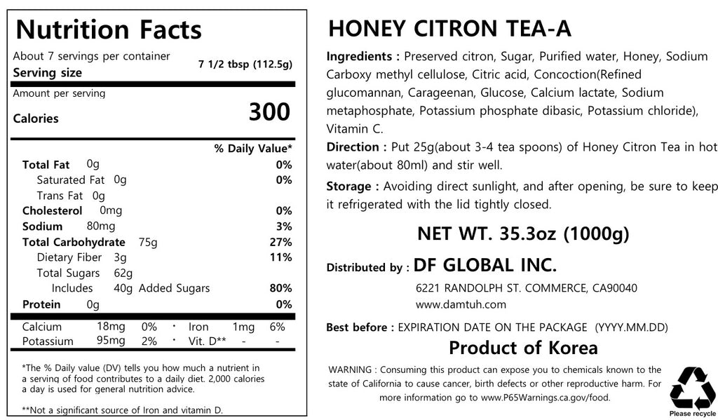 Honey Yuja Citron Tea Marmalade, 2.2lbs (1kg) - Damtuh